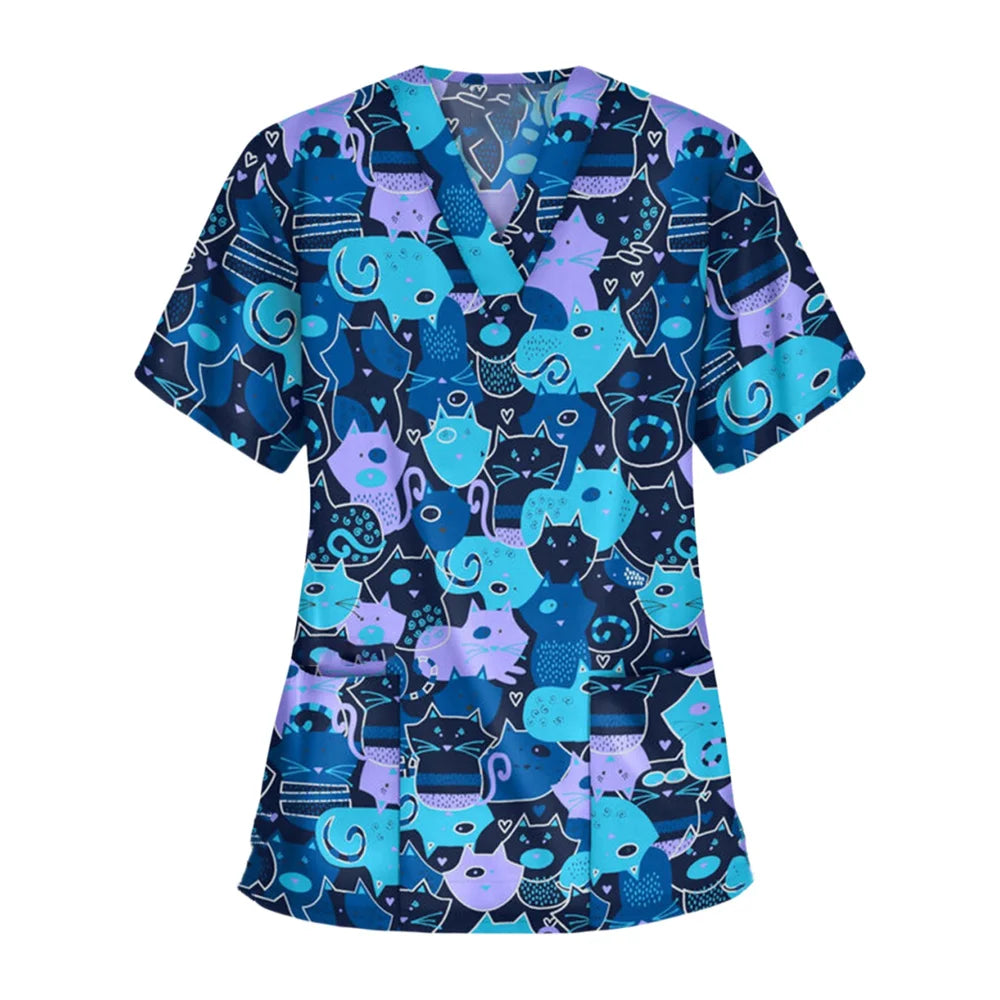 Medical Scrubs for Women Cute Animal Cartoon Print Vet Surgical Uniform Tops Fashion V-Neck Short Sleeve Scrub Pet Medical Woman