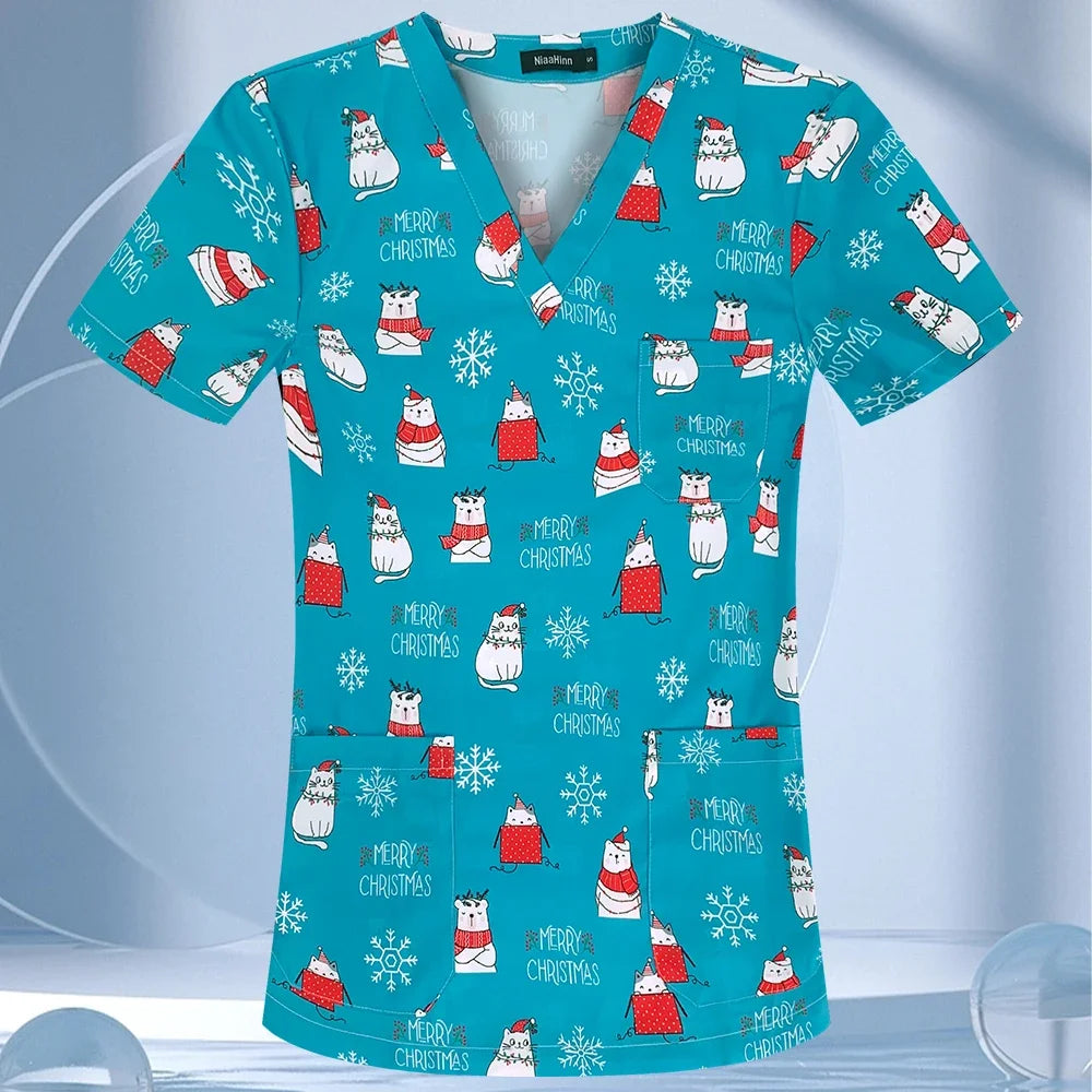 Medical Scrubs Tops Women Short Sleeve Blosue Spa Scrub Shirt Teeth Print Pocket Workwear Dentist Doctor Nurse Christmas Uniform