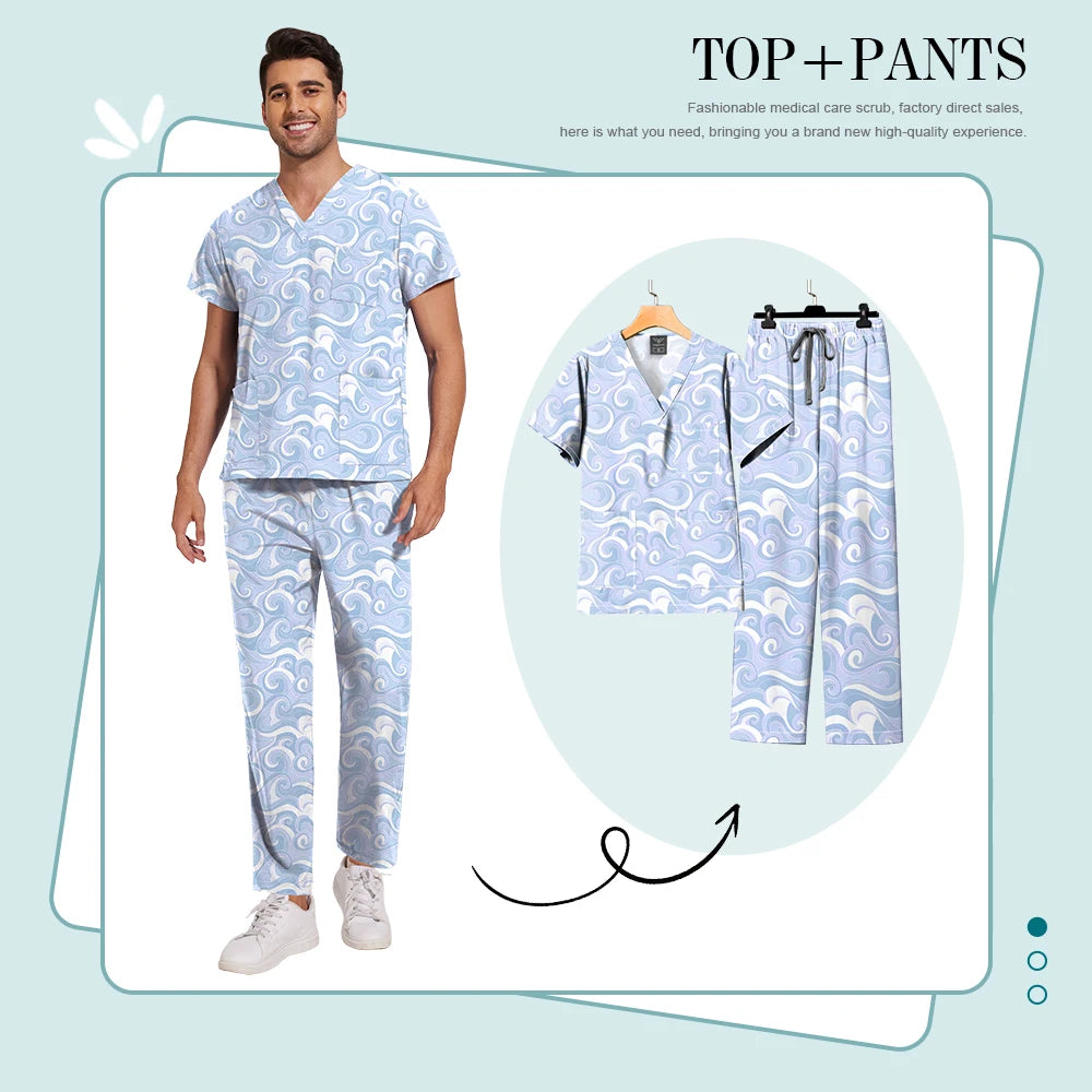 Printed Medical Clinic Printed Scrub Top Pants Medical Professional Universal Unisex Scrubs Sets Elastic Breathable Work Clothes