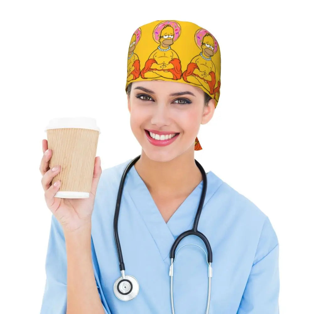 Custom The Simpsons Cartoon Medical Staff Scrubs Hat Men Women Doctor Nursing Surgical Cap Scrub Caps