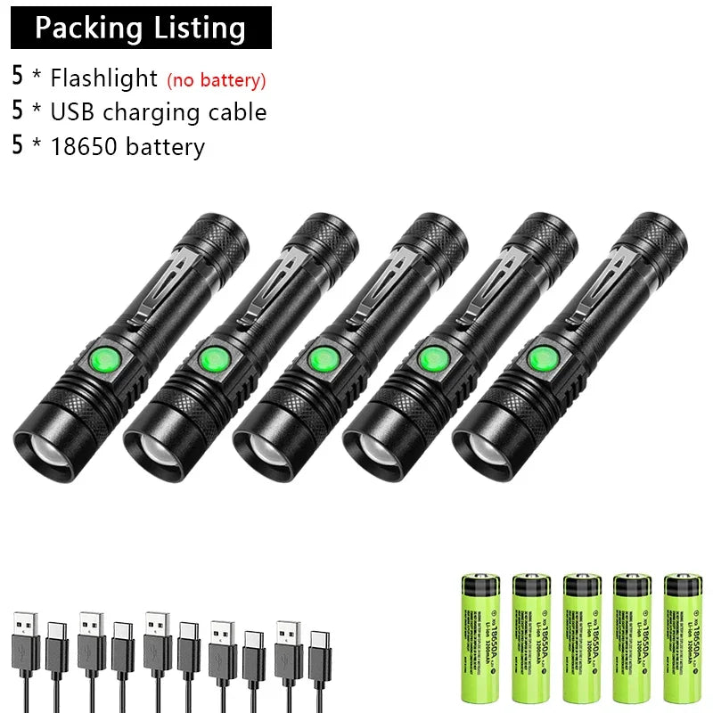 Powerful LED Flashlight Aluminum Alloy Portable Torch USB ReChargeable Outdoor Tactical Zoom Camping Waterproof Flash Light