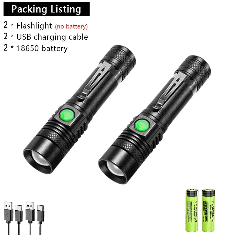 Powerful LED Flashlight Aluminum Alloy Portable Torch USB ReChargeable Outdoor Tactical Zoom Camping Waterproof Flash Light