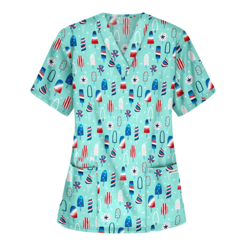 Medical Scrubs for Women Cute Animal Cartoon Print Vet Surgical Uniform Tops Fashion V-Neck Short Sleeve Scrub Pet Medical Woman