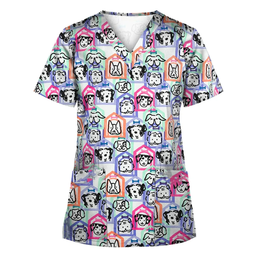 Medical Scrubs for Women Cute Animal Cartoon Print Vet Surgical Uniform Tops Fashion V-Neck Short Sleeve Scrub Pet Medical Woman