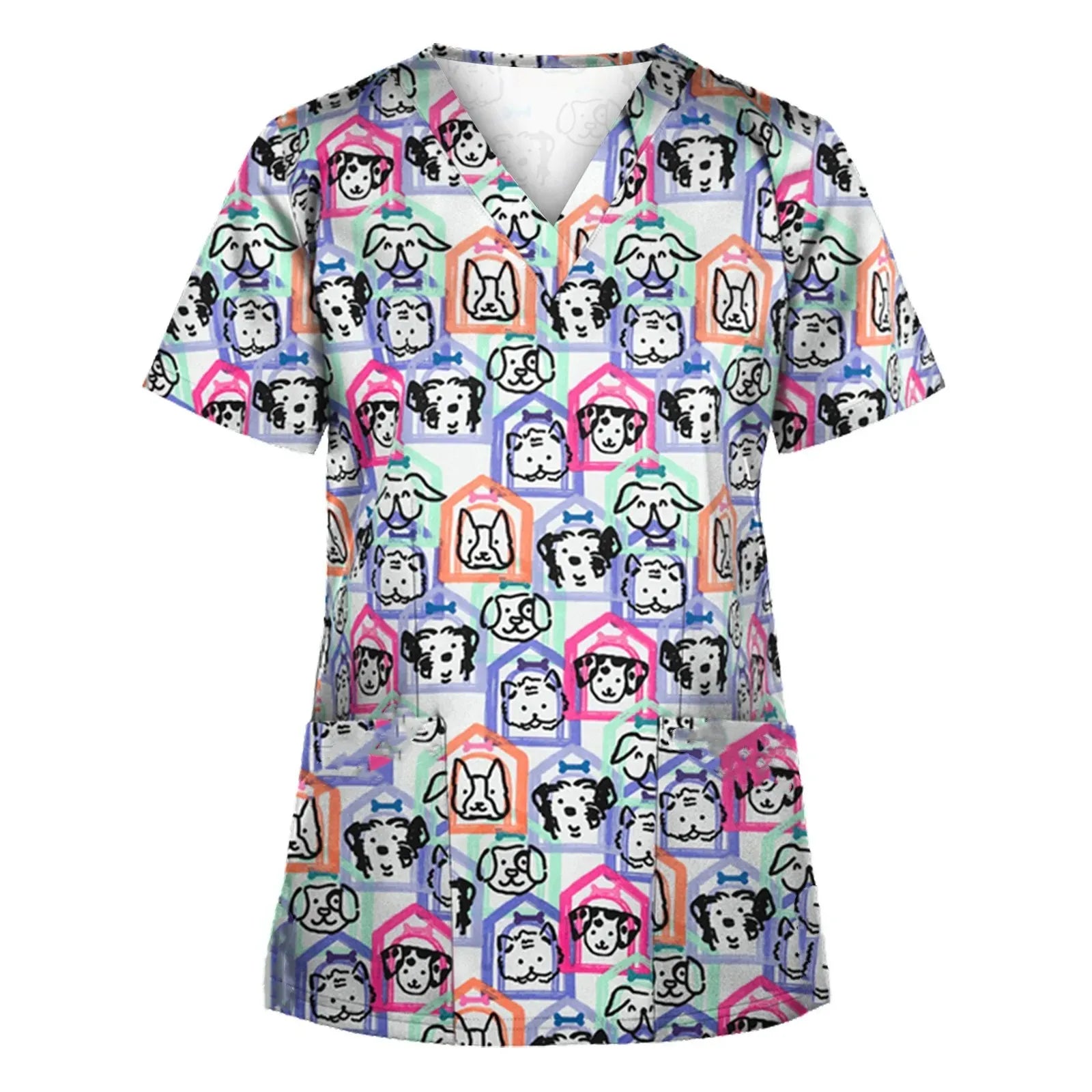 Medical Scrubs for Women Cute Animal Cartoon Print Vet Surgical Uniform Tops Fashion V-Neck Short Sleeve Scrub Pet Medical Woman