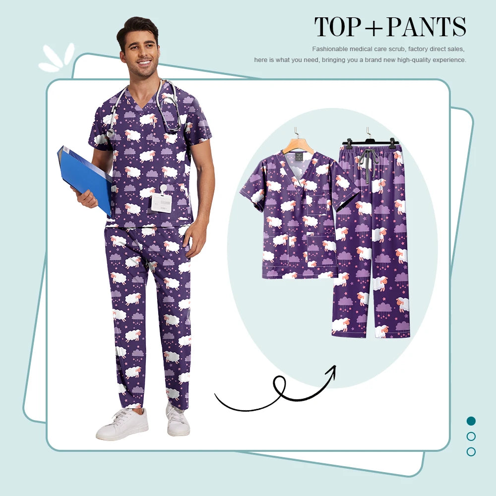 Printed Medical Clinic Printed Scrub Top Pants Medical Professional Universal Unisex Scrubs Sets Elastic Breathable Work Clothes