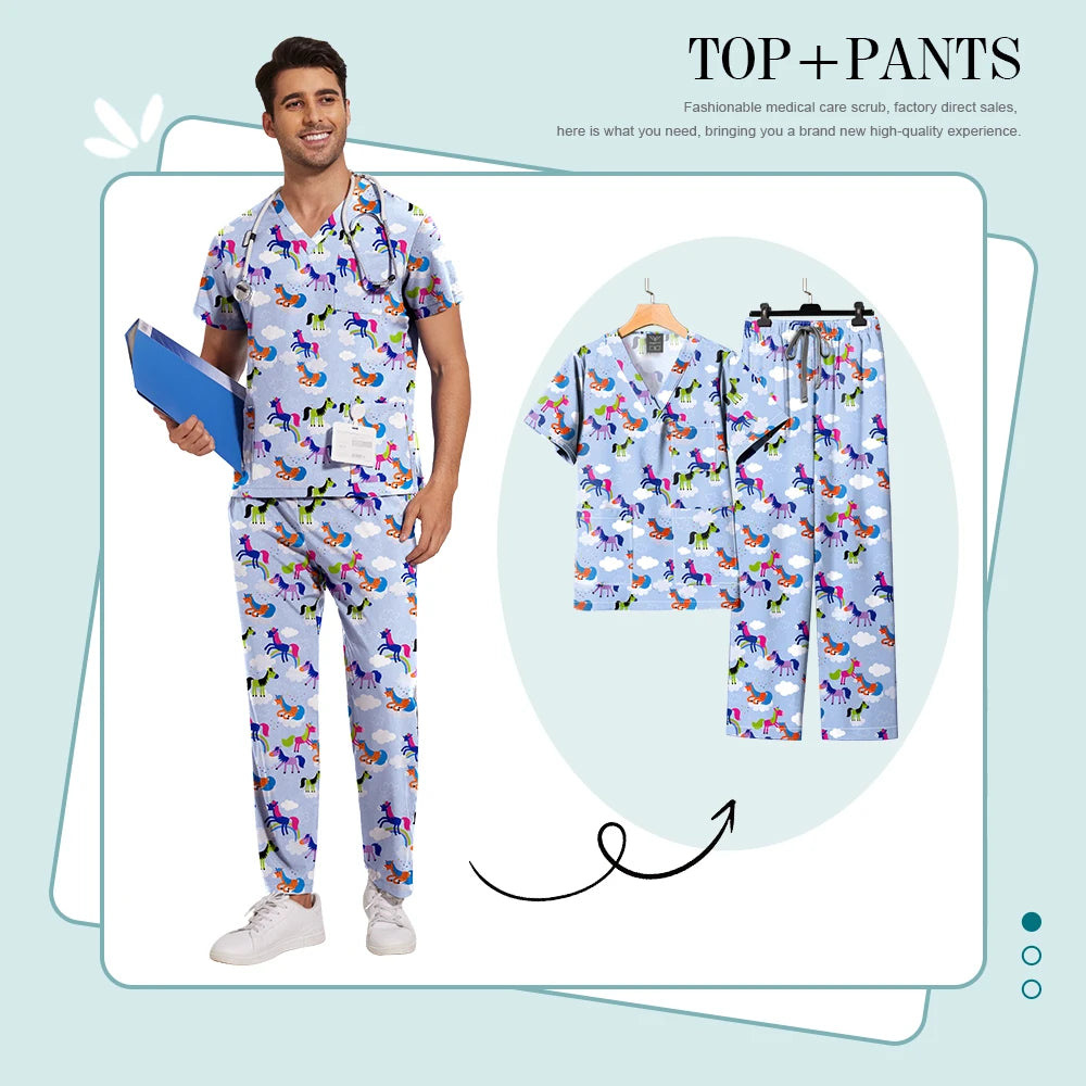 Printed Medical Clinic Printed Scrub Top Pants Medical Professional Universal Unisex Scrubs Sets Elastic Breathable Work Clothes
