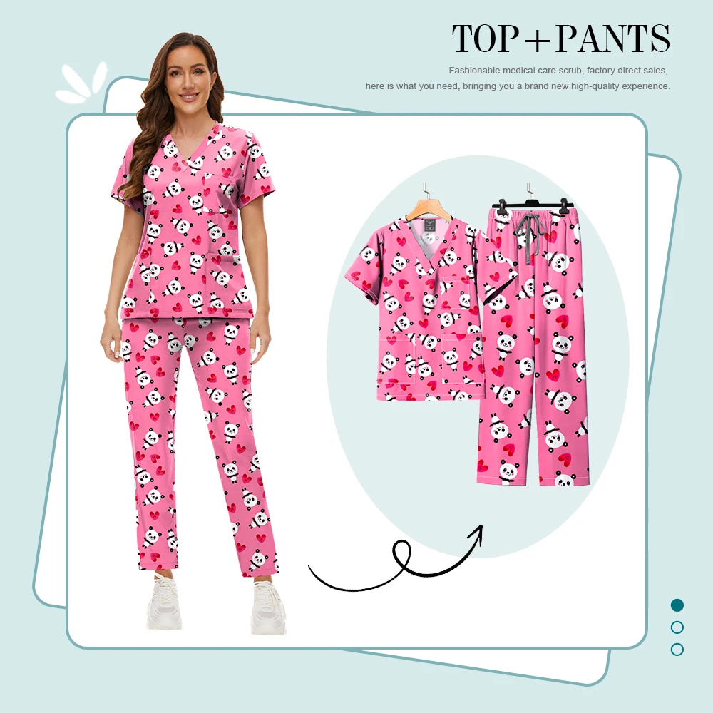 Printed Medical Clinic Printed Scrub Top Pants Medical Professional Universal Unisex Scrubs Sets Elastic Breathable Work Clothes