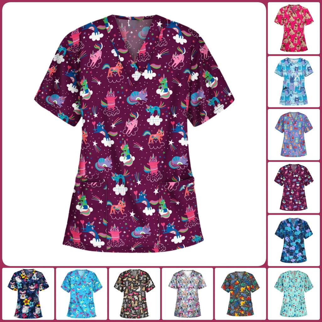 Medical Scrubs for Women Cute Animal Cartoon Print Vet Surgical Uniform Tops Fashion V-Neck Short Sleeve Scrub Pet Medical Woman