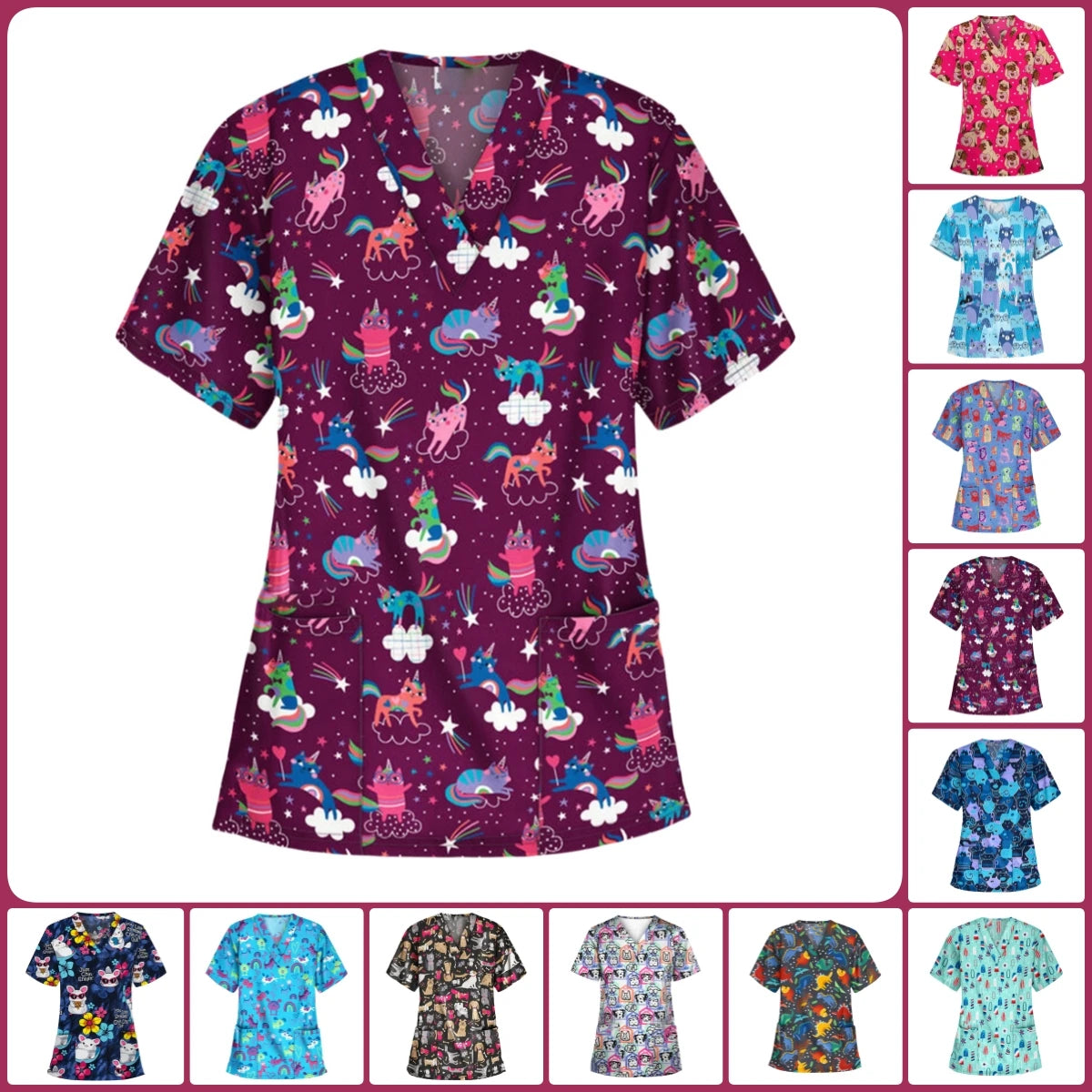 Medical Scrubs for Women Cute Animal Cartoon Print Vet Surgical Uniform Tops Fashion V-Neck Short Sleeve Scrub Pet Medical Woman