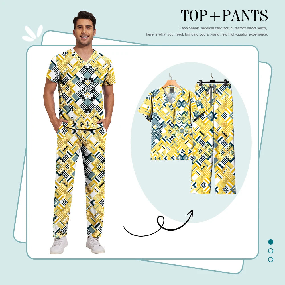 Printed Medical Clinic Printed Scrub Top Pants Medical Professional Universal Unisex Scrubs Sets Elastic Breathable Work Clothes