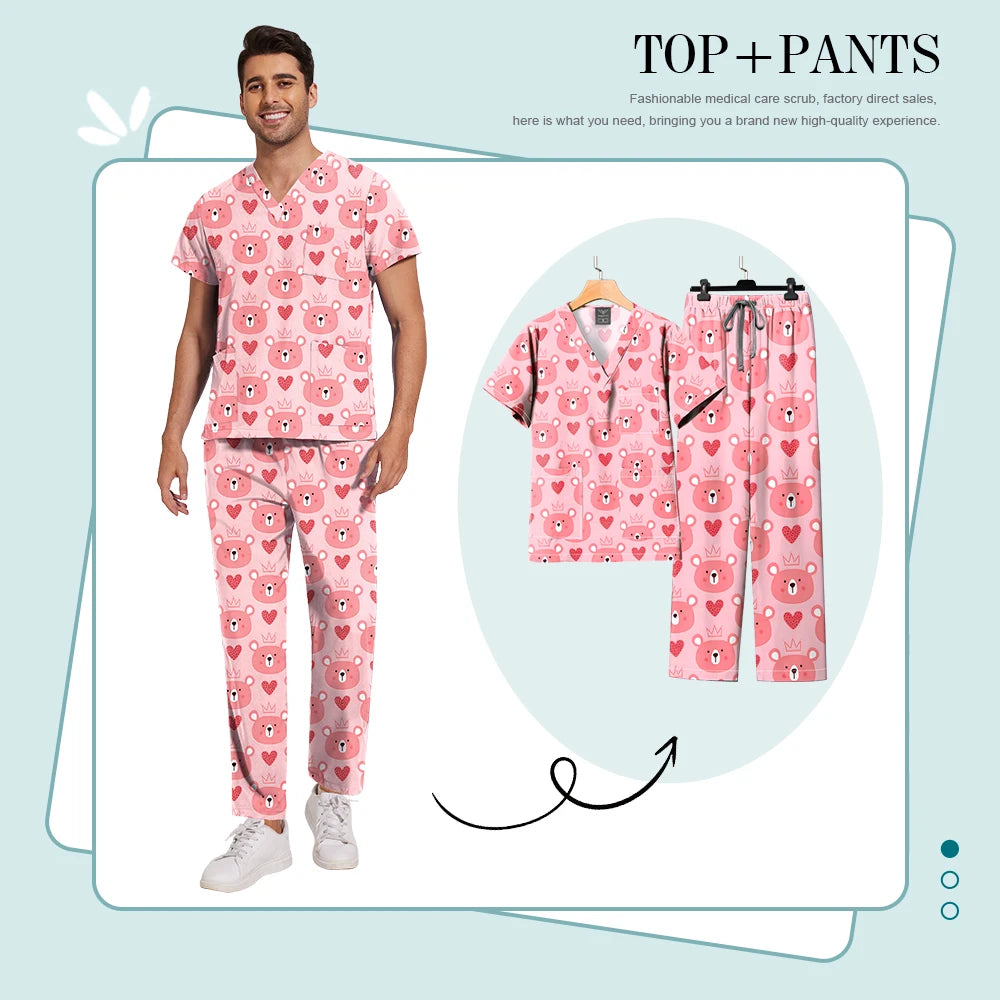 Printed Medical Clinic Printed Scrub Top Pants Medical Professional Universal Unisex Scrubs Sets Elastic Breathable Work Clothes