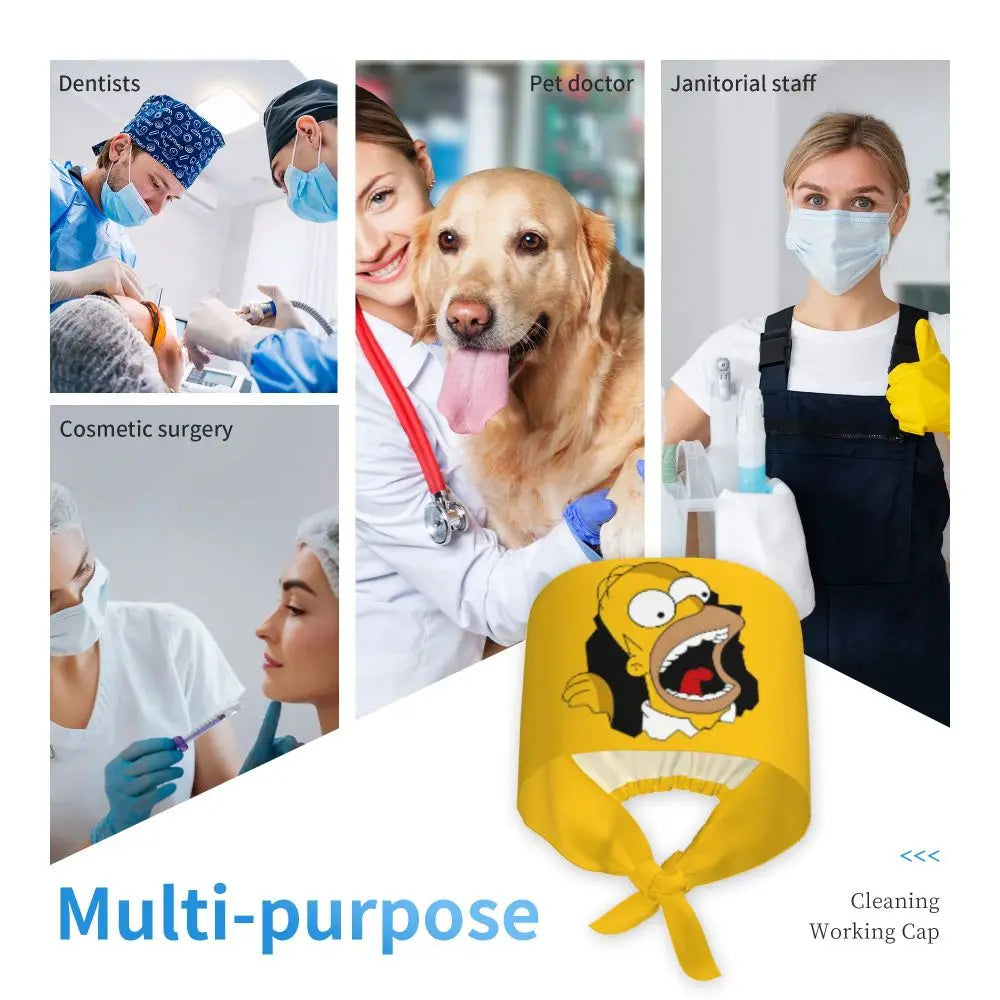 Custom The Simpsons Cartoon Medical Staff Scrubs Hat Men Women Doctor Nursing Surgical Cap Scrub Caps