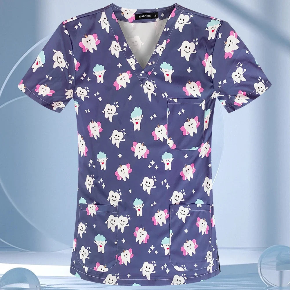 Medical Scrubs Tops Women Short Sleeve Blosue Spa Scrub Shirt Teeth Print Pocket Workwear Dentist Doctor Nurse Christmas Uniform
