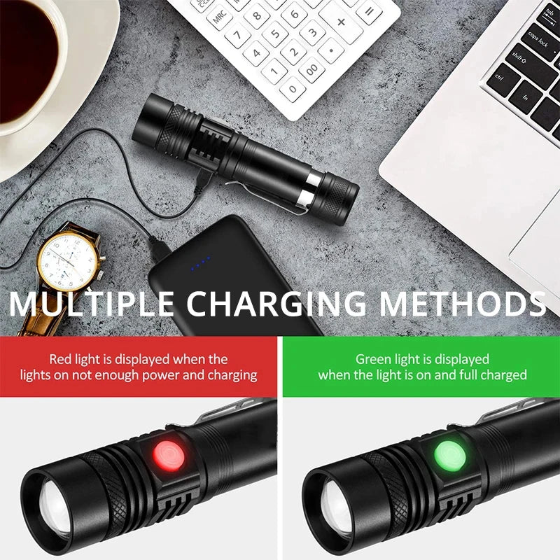 Powerful LED Flashlight Aluminum Alloy Portable Torch USB ReChargeable Outdoor Tactical Zoom Camping Waterproof Flash Light