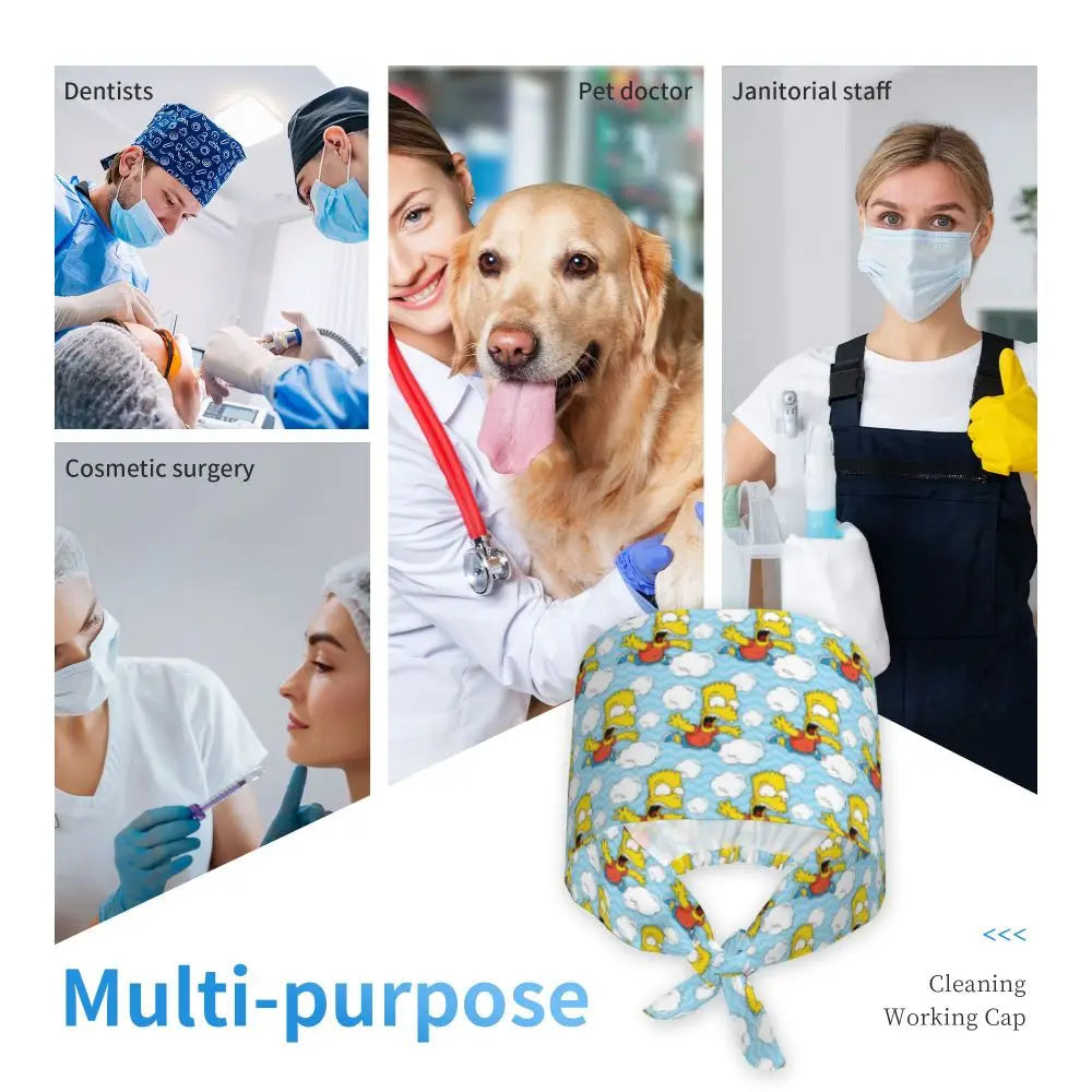 Custom The Simpsons Cartoon Medical Staff Scrubs Hat Men Women Doctor Nursing Surgical Cap Scrub Caps