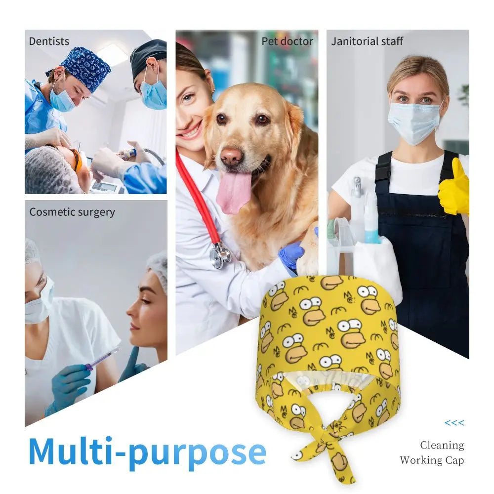 Custom The Simpsons Cartoon Medical Staff Scrubs Hat Men Women Doctor Nursing Surgical Cap Scrub Caps