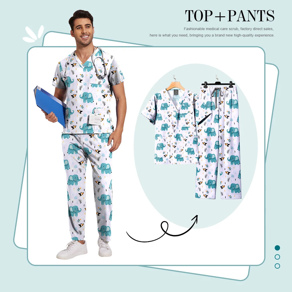 Printed Medical Clinic Printed Scrub Top Pants Medical Professional Universal Unisex Scrubs Sets Elastic Breathable Work Clothes