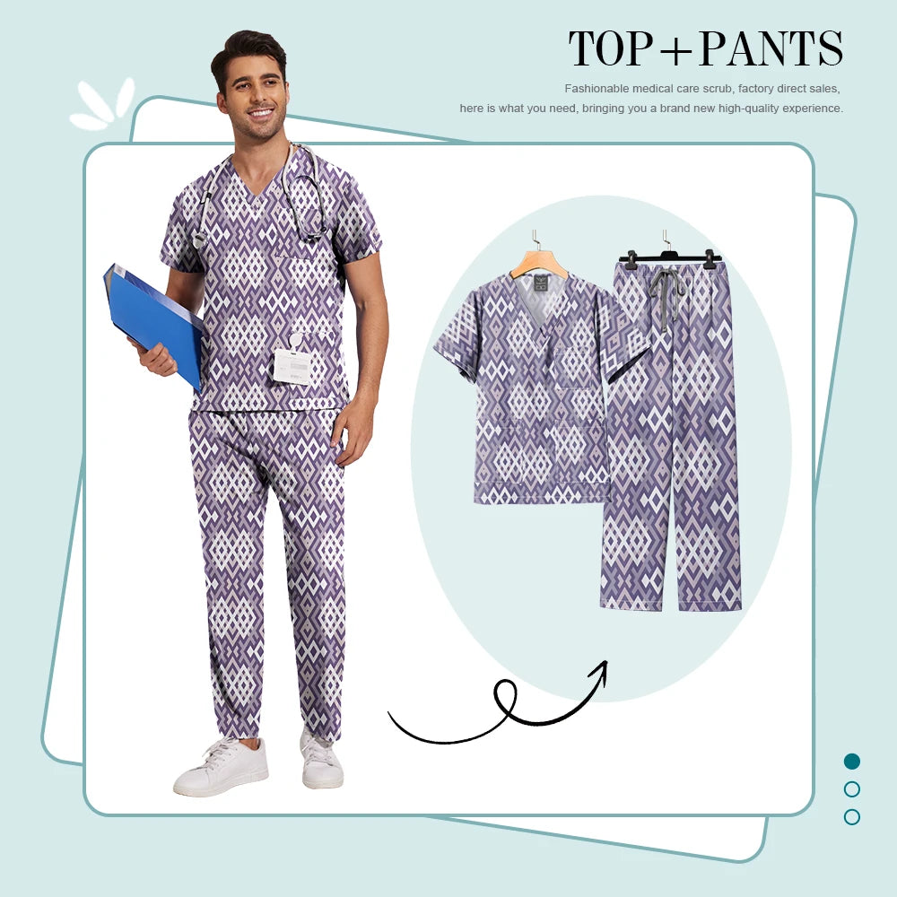 Printed Medical Clinic Printed Scrub Top Pants Medical Professional Universal Unisex Scrubs Sets Elastic Breathable Work Clothes