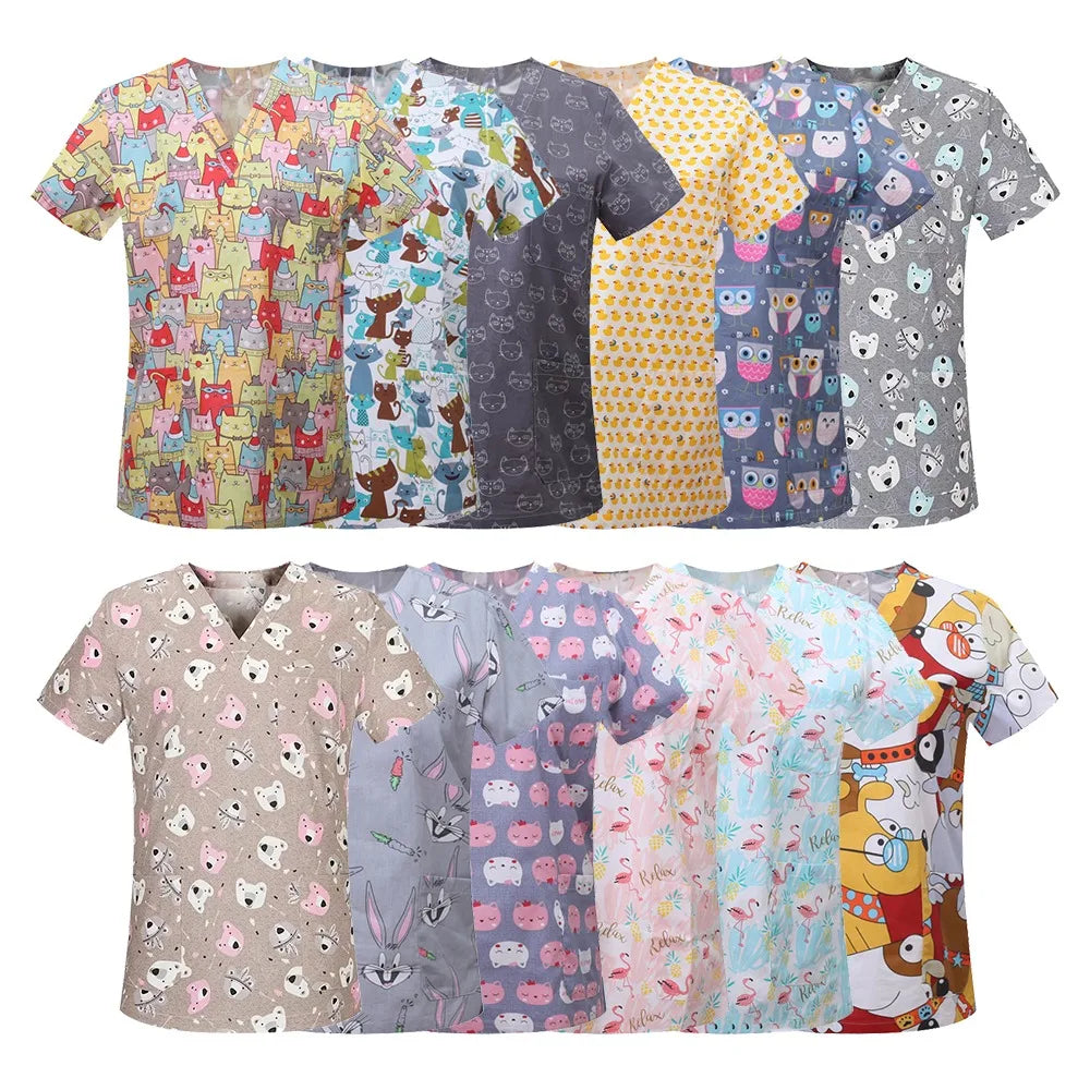 Cartoon Animals Print Pet Clinic Hospital Nursing Scrub Tops Shirts cotton Dentistry Doctor Blouse Medical Surgical Uniforms