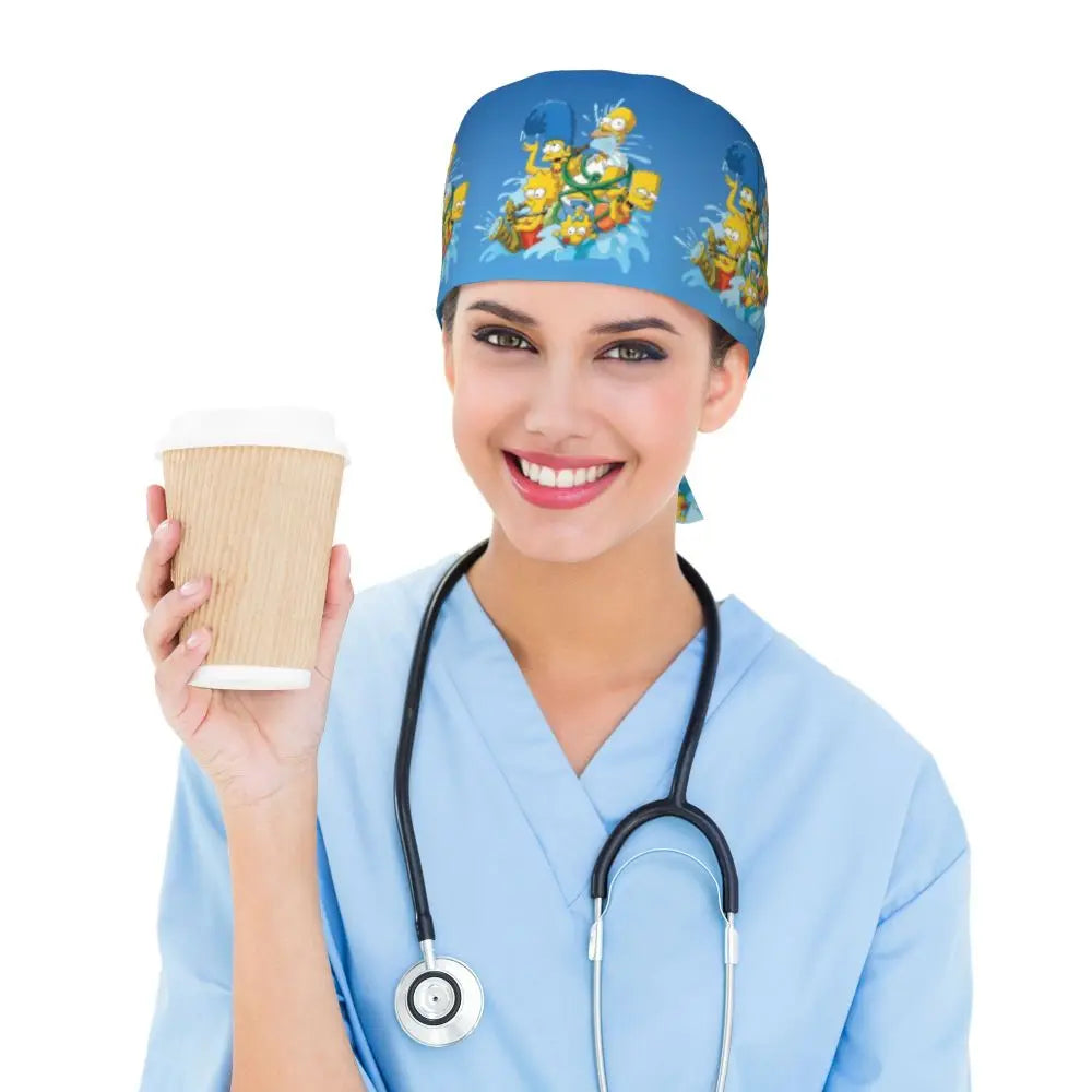 Custom The Simpsons Cartoon Medical Staff Scrubs Hat Men Women Doctor Nursing Surgical Cap Scrub Caps