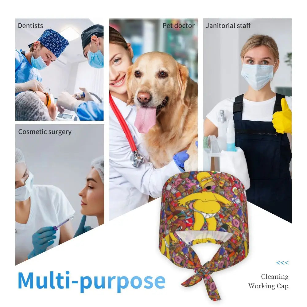 Custom The Simpsons Cartoon Medical Staff Scrubs Hat Men Women Doctor Nursing Surgical Cap Scrub Caps