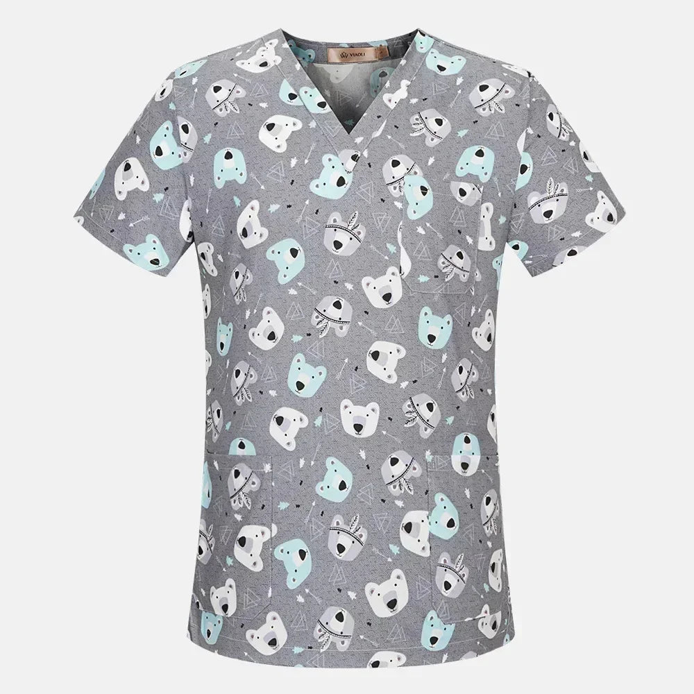 Cartoon Animals Print Pet Clinic Hospital Nursing Scrub Tops Shirts cotton Dentistry Doctor Blouse Medical Surgical Uniforms