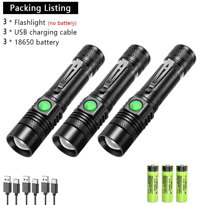Powerful LED Flashlight Aluminum Alloy Portable Torch USB ReChargeable Outdoor Tactical Zoom Camping Waterproof Flash Light