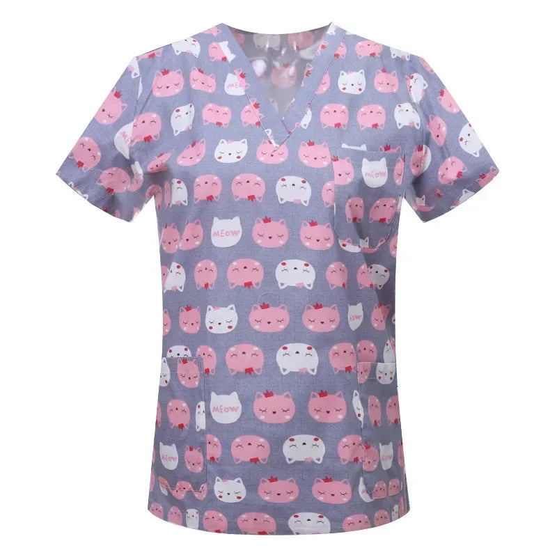 Cartoon Animals Print Pet Clinic Hospital Nursing Scrub Tops Shirts cotton Dentistry Doctor Blouse Medical Surgical Uniforms