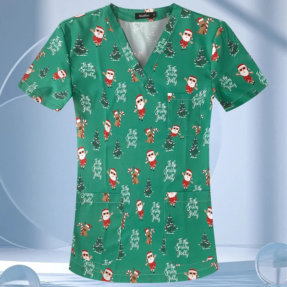 Medical Scrubs Tops Women Short Sleeve Blosue Spa Scrub Shirt Teeth Print Pocket Workwear Dentist Doctor Nurse Christmas Uniform