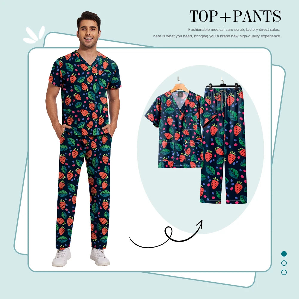 Printed Medical Clinic Printed Scrub Top Pants Medical Professional Universal Unisex Scrubs Sets Elastic Breathable Work Clothes