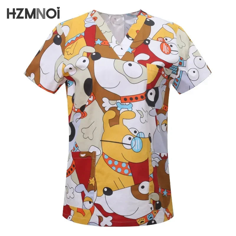 Cartoon Animals Print Pet Clinic Hospital Nursing Scrub Tops Shirts cotton Dentistry Doctor Blouse Medical Surgical Uniforms
