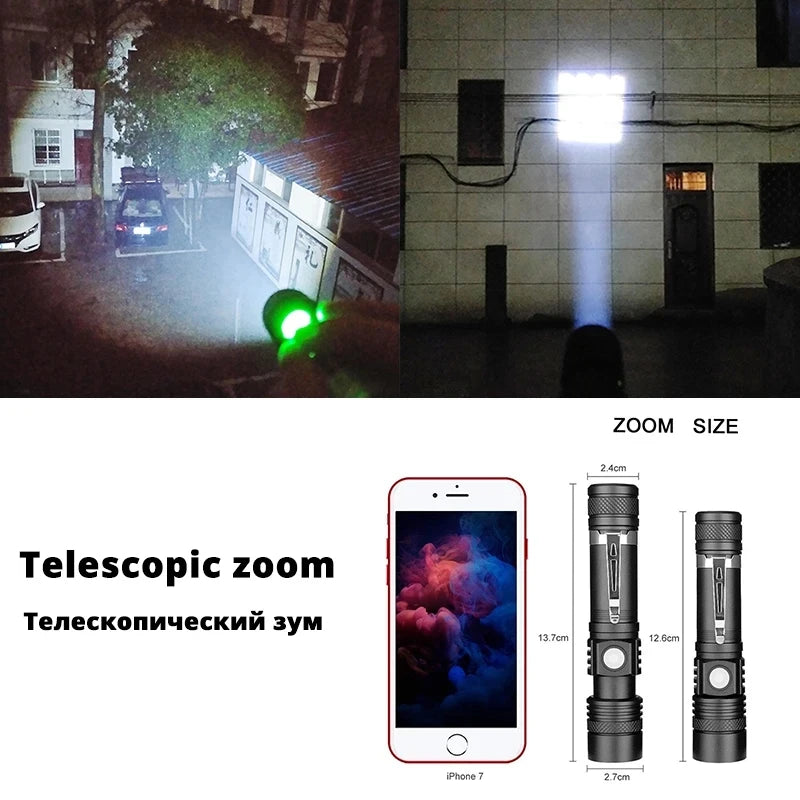 Powerful LED Flashlight Aluminum Alloy Portable Torch USB ReChargeable Outdoor Tactical Zoom Camping Waterproof Flash Light