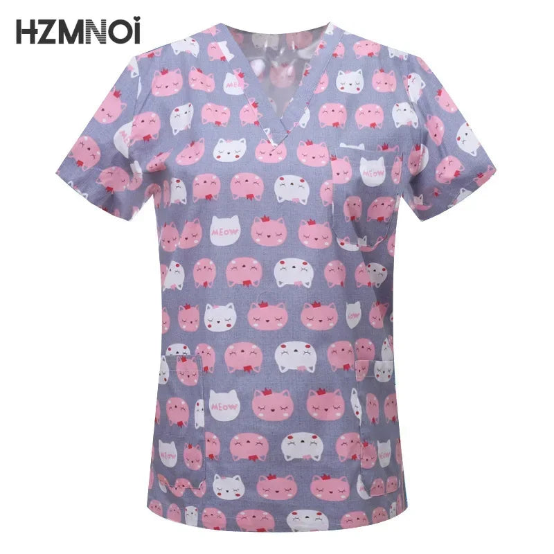 Cartoon Animals Print Pet Clinic Hospital Nursing Scrub Tops Shirts cotton Dentistry Doctor Blouse Medical Surgical Uniforms