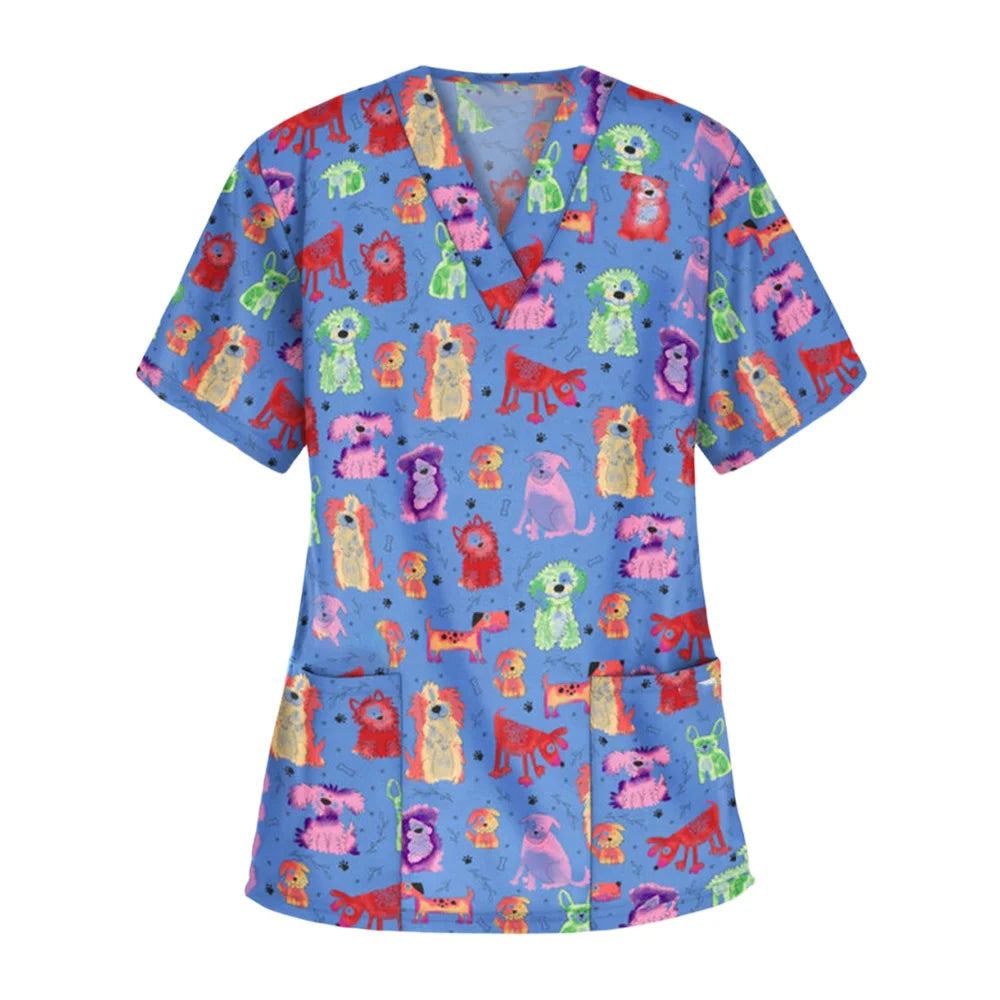Medical Scrubs for Women Cute Animal Cartoon Print Vet Surgical Uniform Tops Fashion V-Neck Short Sleeve Scrub Pet Medical Woman