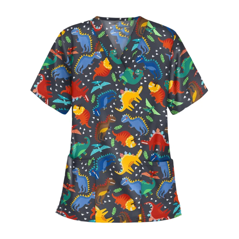 Medical Scrubs for Women Cute Animal Cartoon Print Vet Surgical Uniform Tops Fashion V-Neck Short Sleeve Scrub Pet Medical Woman