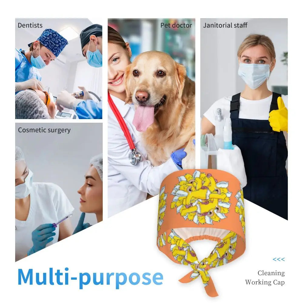 Custom The Simpsons Cartoon Medical Staff Scrubs Hat Men Women Doctor Nursing Surgical Cap Scrub Caps
