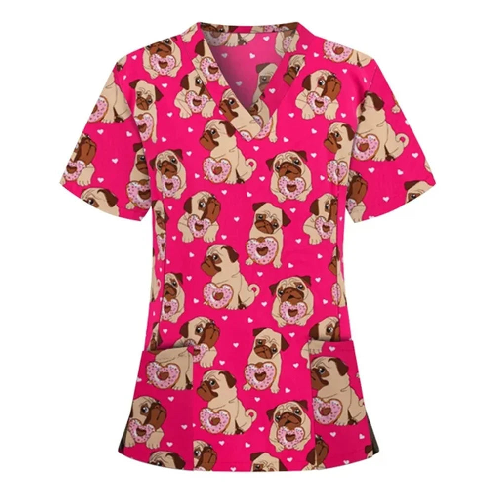 Medical Scrubs for Women Cute Animal Cartoon Print Vet Surgical Uniform Tops Fashion V-Neck Short Sleeve Scrub Pet Medical Woman